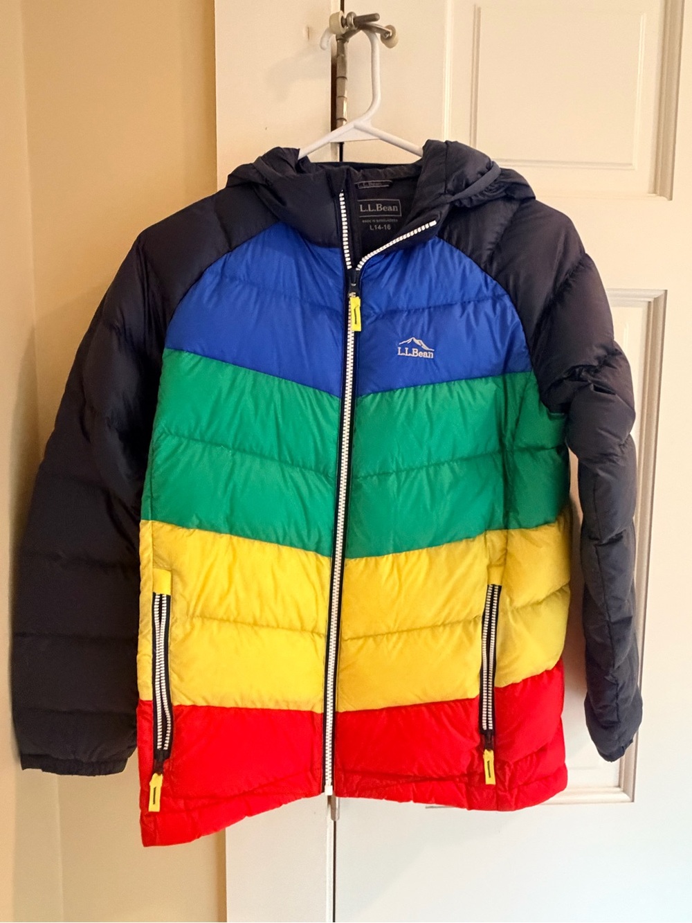 L.L. Bean Kids' Colorblock Hooded Puffer Jacket in Blue, Green, Yellow, Red